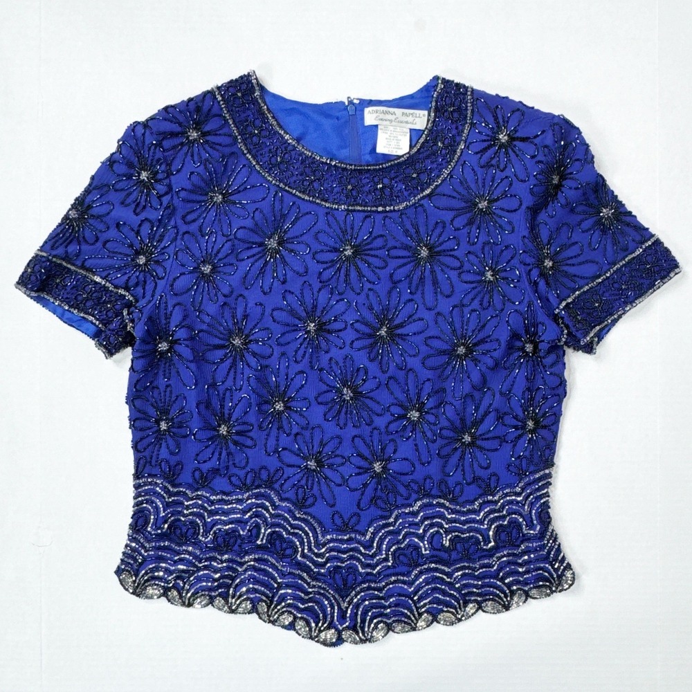 Vintage Adrianna Papell Silk Beaded‎ Evening Top Womens M Royal Blue Scalloped